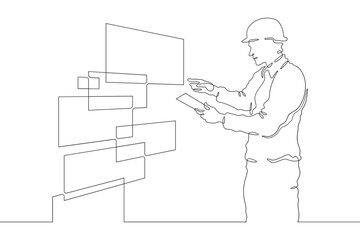 Continuous one line drawing IT engineer and server. Engineer services network equipment. Computer technician with tablet.