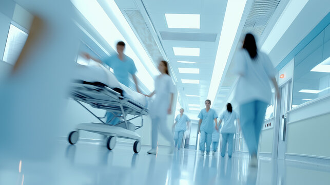 Medical staff rushing down a corridor in a hospital with vibrant lights.