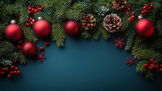 Felicitations top view trinkets, baubles, holly, snowflakes on blue with space for text.