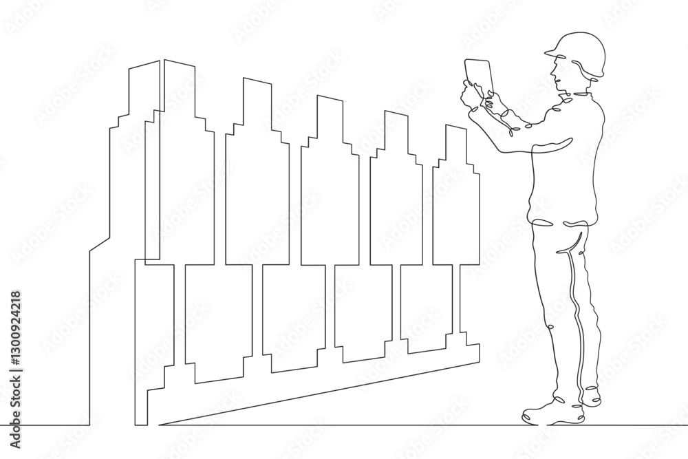 Poster continuous one line drawing it engineer and server. engineer services network equipment. computer te