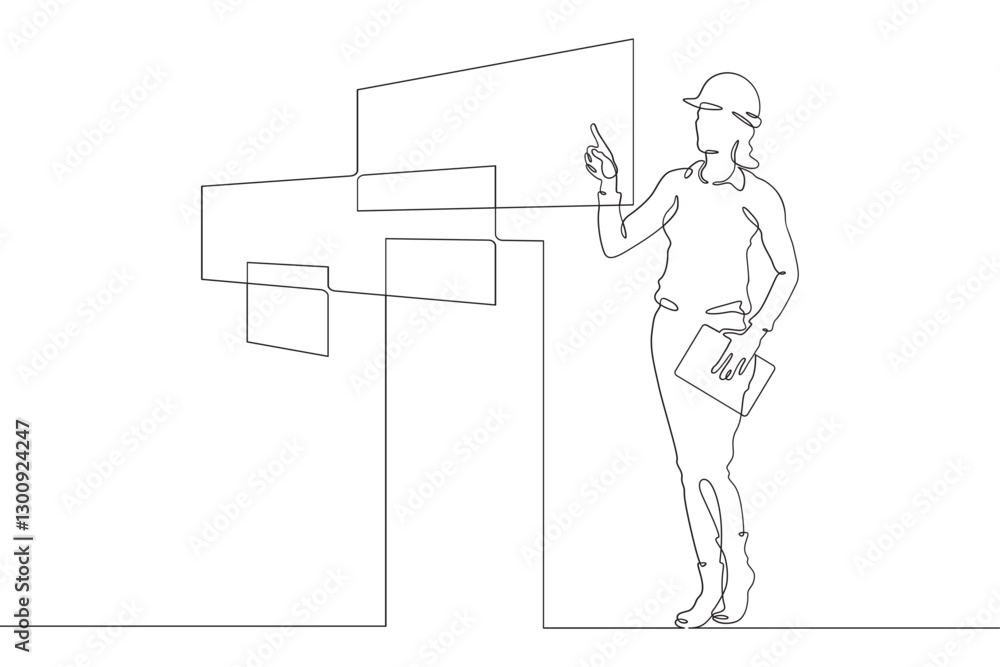 Poster continuous one line drawing it engineer and server. engineer services network equipment. computer te