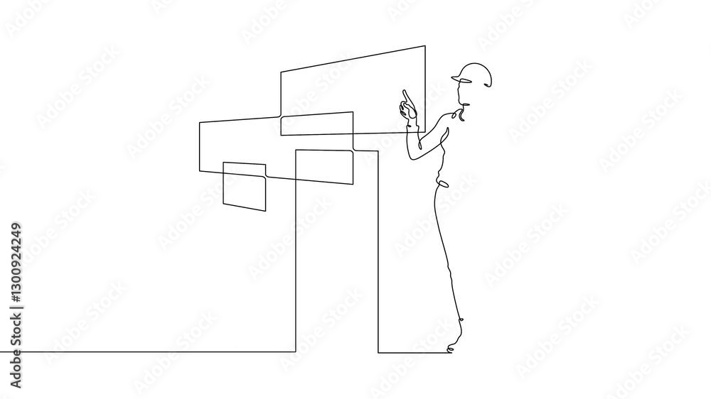 Poster continuous one line drawing it engineer and server. engineer services network equipment. computer te