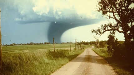 A massive tornado descends from ominous storm clouds on a field