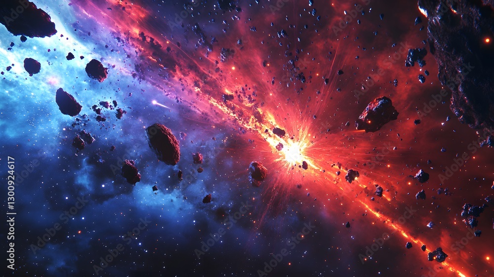 Poster cosmic collision: nebula explosion with asteroid field