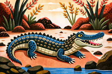 crocodile in savanna landscape abstract cartoon illustration