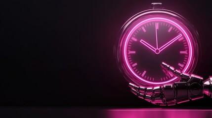 Futuristic Robotic Hand Holding Neon Clock Against Dark Background in Modern Art Style