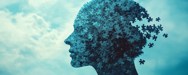 Dementia and memory loss concept, human head silhouette with jigsaw puzzle pieces missing, symbolizing mental decline, cognitive challenges, Alzheimers disease visualization