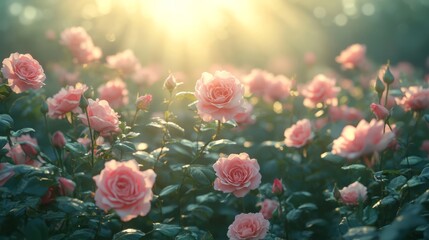 Realistic 3D rendering of a bed of roses with soft sunlight filtering through 