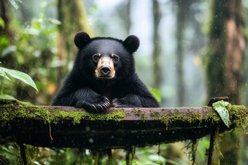 A bear resting on a moss-covered rock in the middle of a dense rainforest