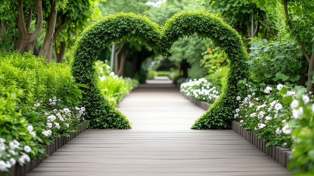 A beautifully landscaped garden featuring a heart-shaped hedge arch, inviting tranquility and natural beauty.