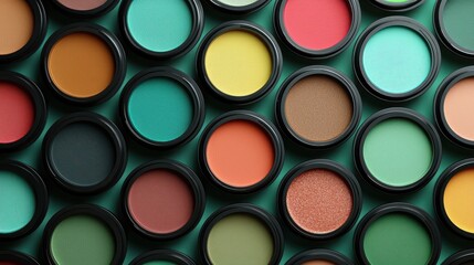 Inclusive cosmetics pattern on green background. A vibrant array of circular makeup pans featuring various shades, including greens, reds, and yellows, arranged in a colorful, artistic pattern.