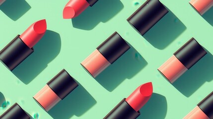 Inclusive cosmetics pattern on green background. A colorful arrangement of lipsticks on a teal background, showcasing various shades of pink and coral in sleek packaging.