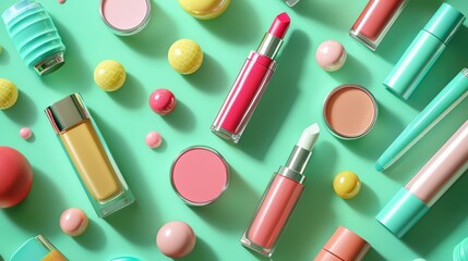 Inclusive cosmetics pattern on green background. A vibrant arrangement of colorful cosmetics on a turquoise background, showcasing lipsticks, blushes, and other beauty products in playful packaging.
