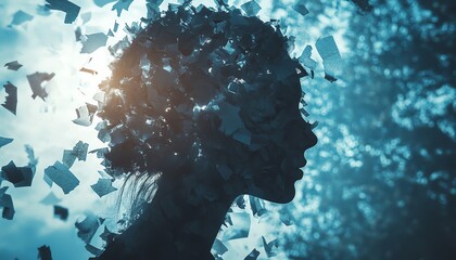 Mental health and emotional overload, silhouette of head with waste paper scattered, representing stress, anxiety, and mental struggle, visual concept of emotional chaos