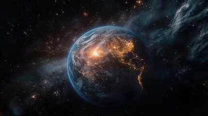 Obraz premium Vibrant view of Earth illuminated by city lights and cosmic stars against the vastness of space