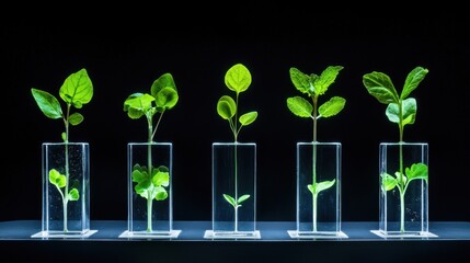Varieties of Growing Plants in Transparent Containers Highlighting Nature's Diversity and Growth Potential in a Dark Background