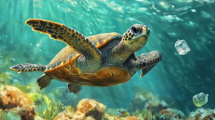 A magnificent sea turtle swimming gracefully in clear ocean water