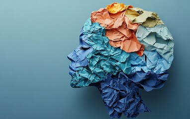 Mental health concept, silhouette of head filled with crumpled waste paper, representing anxiety, stress, emotional overload, mental clutter, and psychological struggle