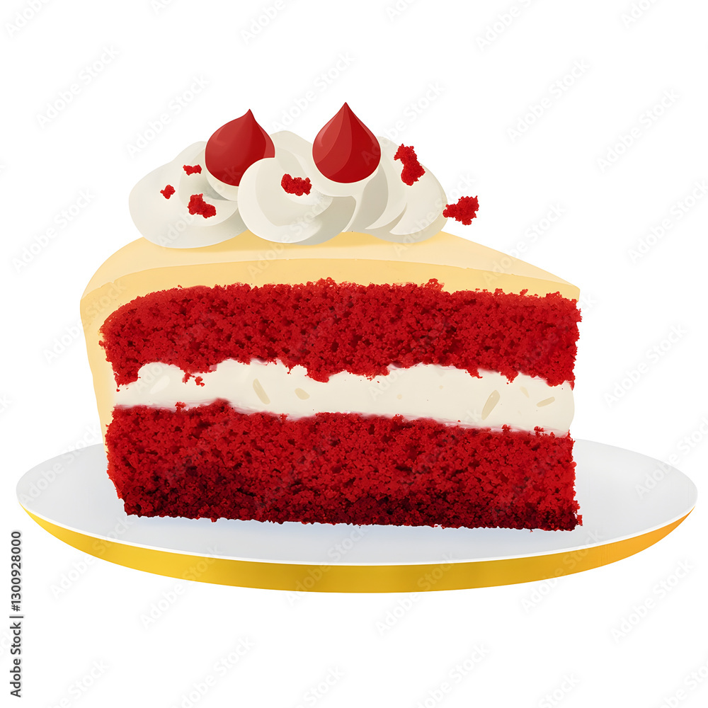 Poster delectable 3d cartoon of a rich red velvet cake slice with smooth cream cheese frosting topped with 