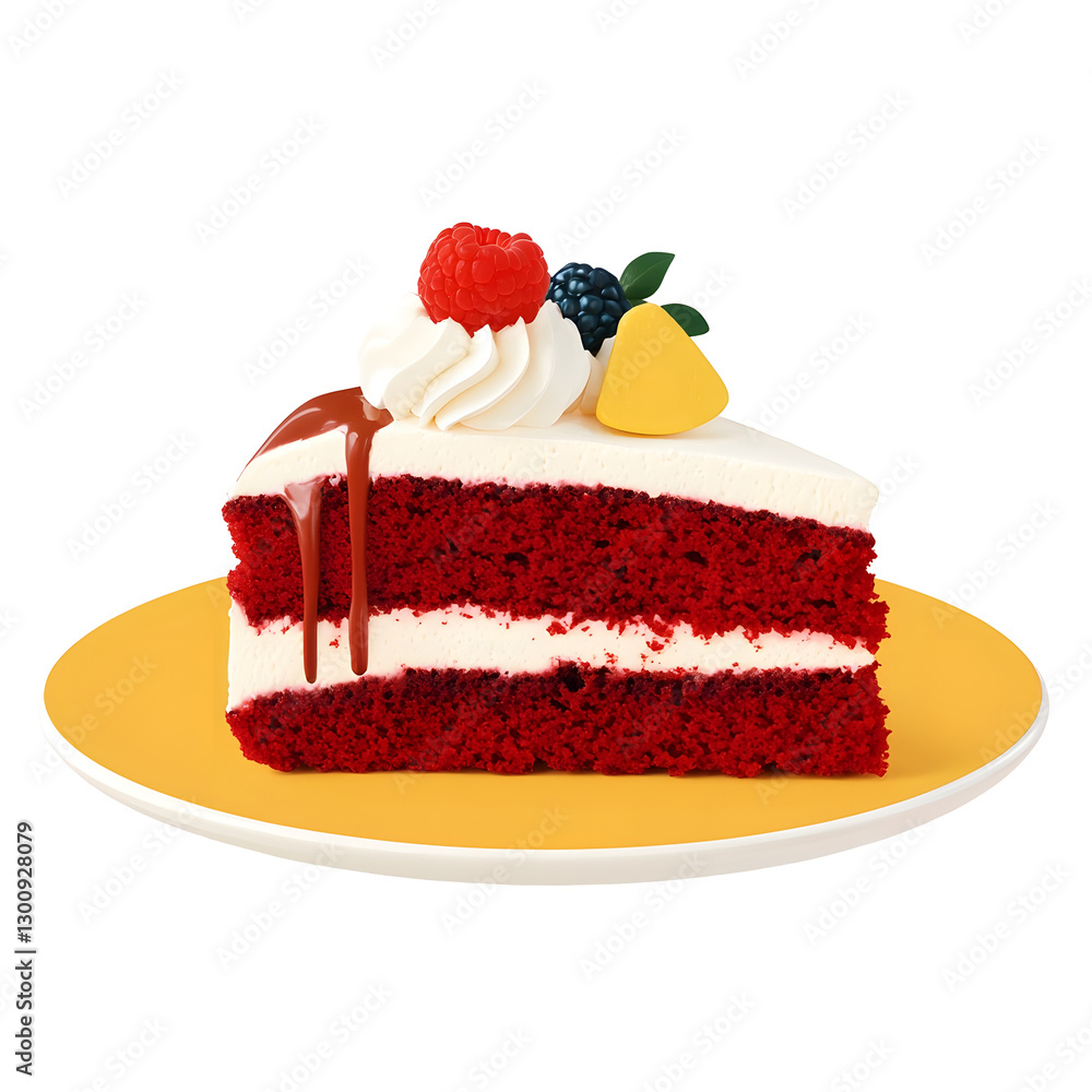Poster mouthwatering 3d of decadent red velvet cake slice with chocolate drizzle and raspberry garnish isol