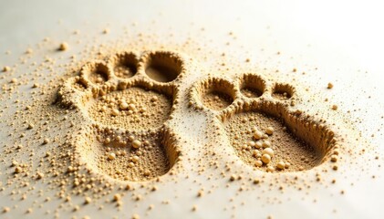 T-Rex footprints in the dirt on a white background, dinosaurs, earth