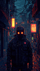 Pixel-art cyberpunk character traverses neon-lit streets in a retro-futuristic world