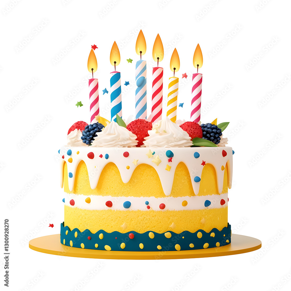 Poster Elegant and classic two layer birthday cake with glowing candles fresh fruit smooth buttercream frosting  3D rendered image with transparent background and cutout format