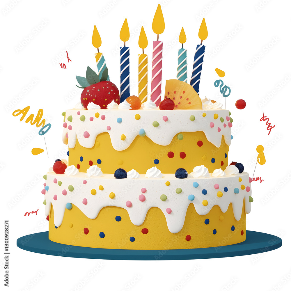 Poster elegant 3d rendered image of a classic two layer birthday cake with glowing candles fresh fruit smoo