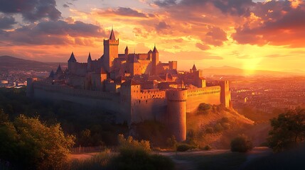 Obraz premium The medieval fortress of Carcassonne glowing under twilight, its intricate architecture bathed in golden light, with the sky transitioning from fiery orange to deep blue, hyper-realistic. --ar 16:9
