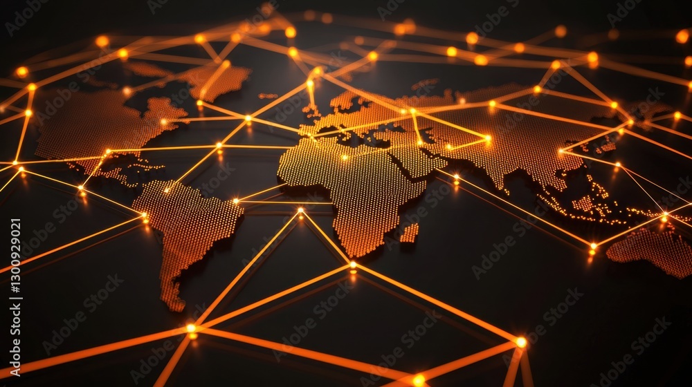 Poster abstract representation of global network connections with bright lines and dots over a dark backgro