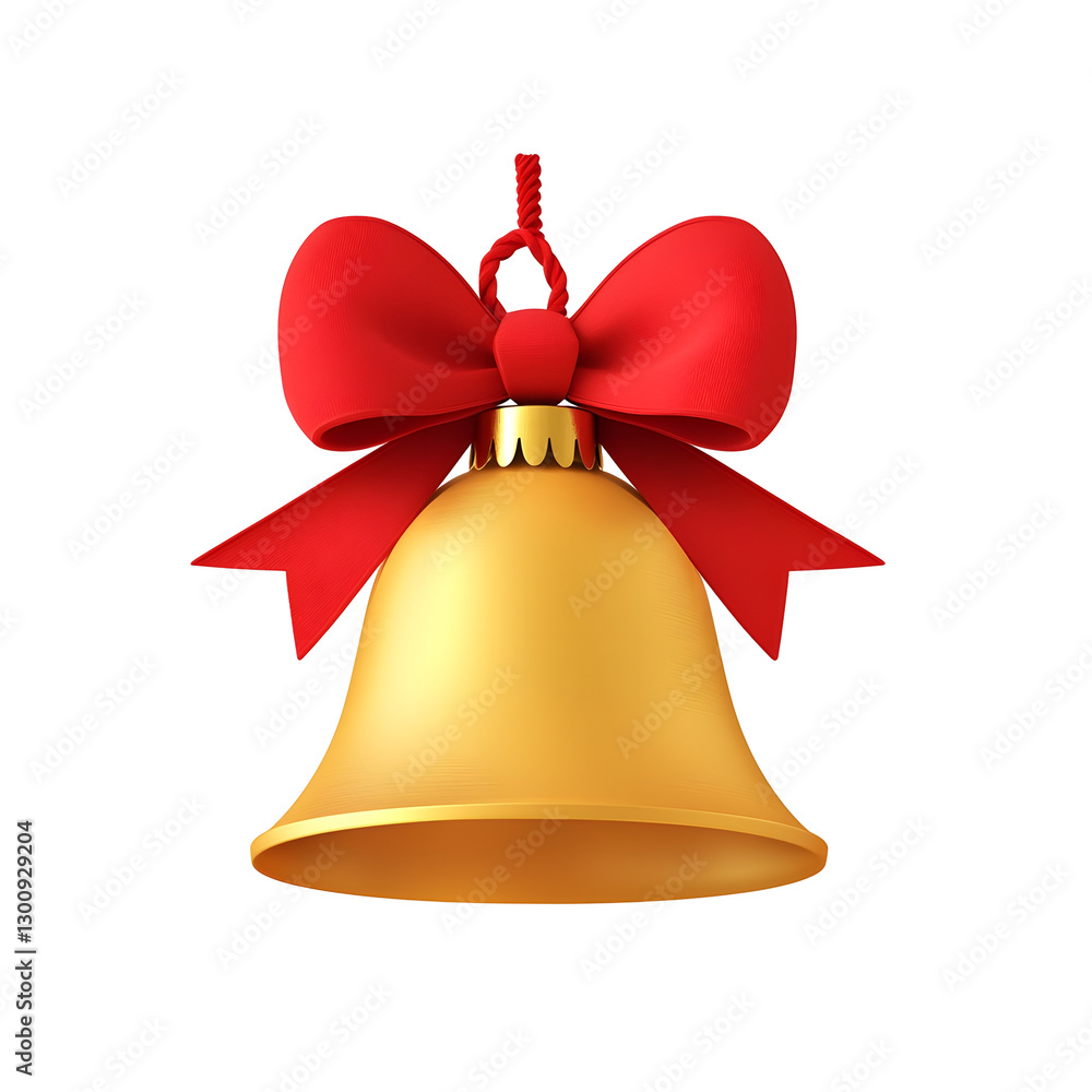 Poster Elegant 3D rendered image of a classic golden Christmas bell ornament with a bright red bow finely detailed metallic texture and a delicate clapper inside  Transparent background in cutout format