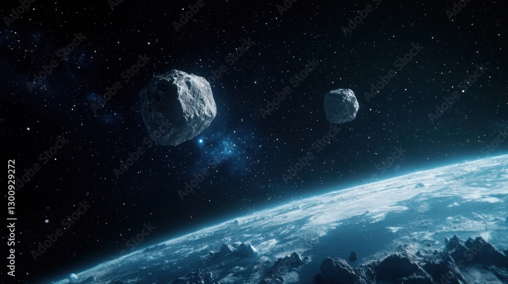 Poster asteroids floating in the dark expanses of space above a blue planet with stars in the background