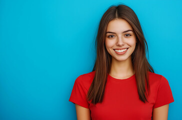 Fototapeta premium Portrait of a beautiful young woman with straight brown hair, wearing a red t-shirt, looking at the camera and smiling, isolated on a blue background.