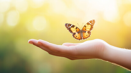 A hand gently extends toward a vibrant butterfly, symbolizing freedom and natures beauty Perfect for themes of transformation and connection with nature
