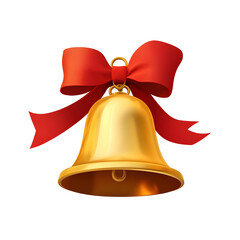 Playful 3D of a festive golden bell with a neatly tied red ribbon featuring a soft glow and polished surface perfect for holiday home office or retail Isolated on a transparent background