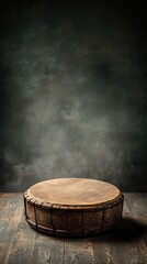 Rustic Frame Drum on Wood Flooring with Embossed Decoration and Smoky Backdrop