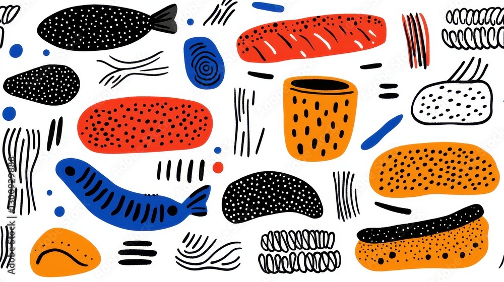 Poster playful abstract doodle pattern with colorful shapes and whimsical design elements on a white backgr