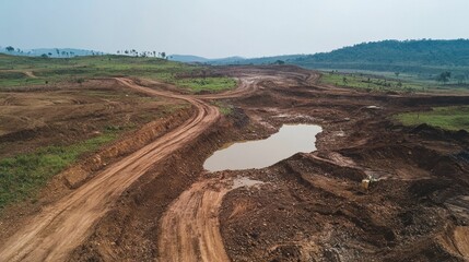 Excavated land, dirt roads, small pond, machinery.