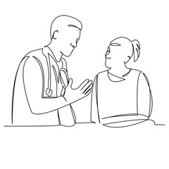 One continuous single drawing line art flat doodle female, doctor, patient, medicine, healthcare, hospital, talking, discussing. Isolated image hand draw contour on a white background
