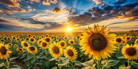 Obraz premium Golden Hour Sunflowers A Serene Sunset Over a Vast Field of Blooming Sunflowers
