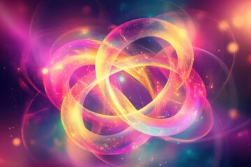 Obraz premium Abstract glowing energy loops intertwining in vibrant shades of pink, gold, and purple, creating a futuristic and cosmic visual with a sense of motion and harmony