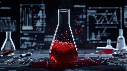 Laboratory Experiment with Red Liquid in Modern Glass Flask Surrounded by Scientific Diagrams and Equipment