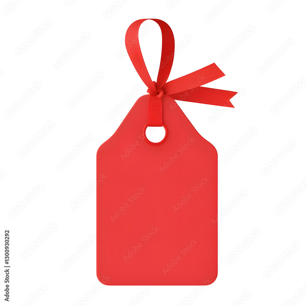Poster blank red gift tag with silky ribbon tied in elegant cutout style 3d cartoon of smooth matte surface