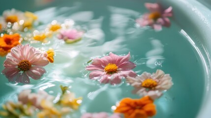 Delicate colorful flowers gently floating on clear clean water surface