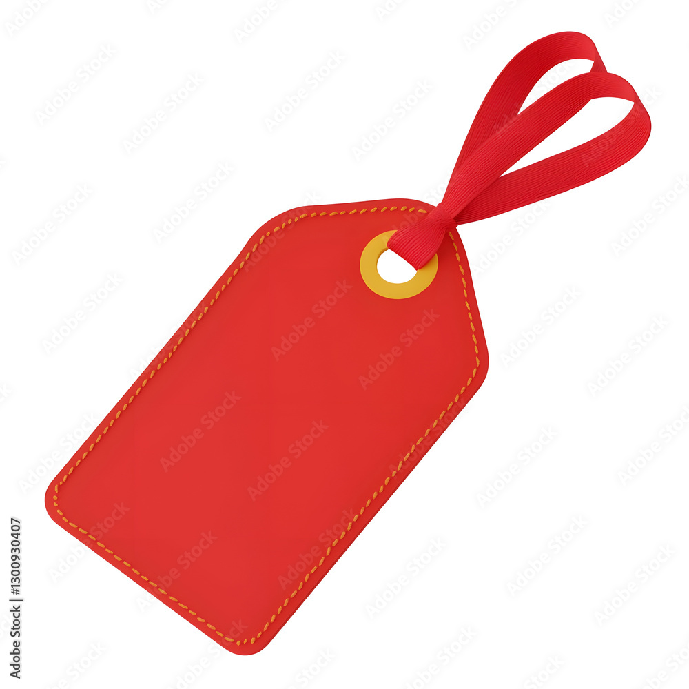 Aufkleber Charming 3D red gift tag with a slightly curved shape stitched border detail and a luxurious satin ribbon threaded through the top symbolizing elegance and style  Transparent background cutout format