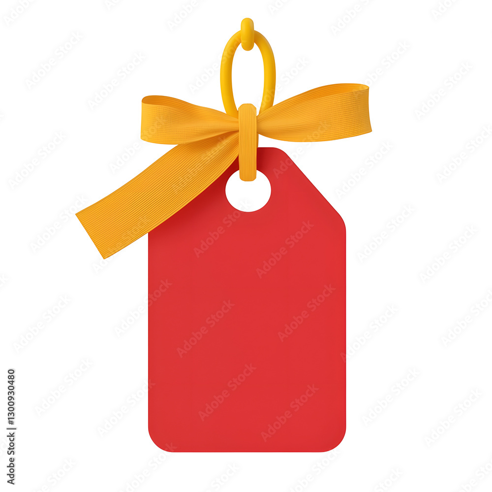 Poster playful 3d of a festive blank red gift tag with a golden ribbon tied in a bow featuring a soft refle