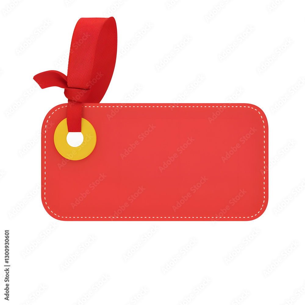 Aufkleber Charming 3D red gift tag with a slightly curved shape stitched border detail and a luxurious satin ribbon threaded through the top symbolizing elegance and style  Transparent background cutout format