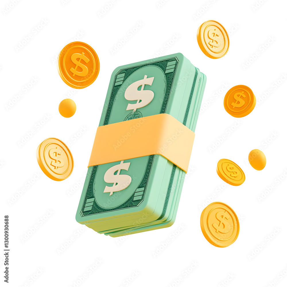 Poster stylized 3d rendering showcasing floating green dollar bills stacked together secured with a neutral