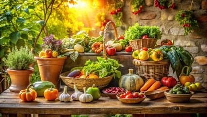 Fototapeta premium Abundant Harvest A Rustic Still Life Featuring a Bountiful Array of Freshly Picked Vegetables and Herbs, Displayed on a Weathered Wooden Table in a Sun-Drenched Garden Setting