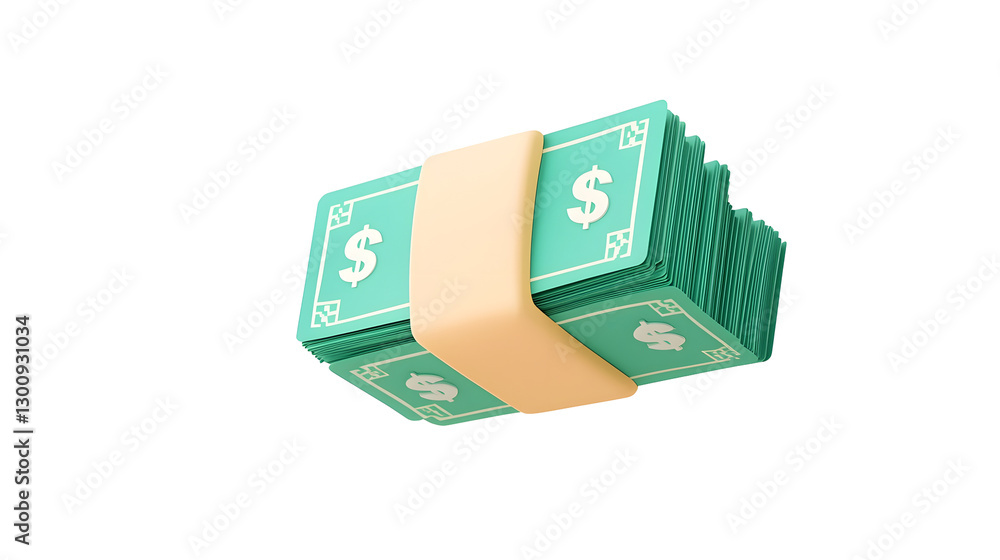 Poster 3d visual design featuring floating green currency stacks tightly bound by a beige money strap surro